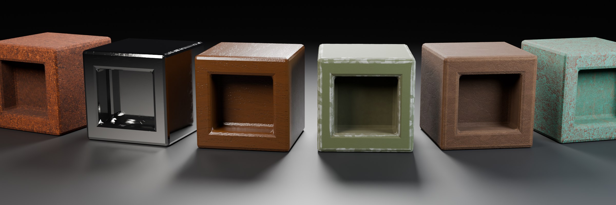 Six Open Painter materials rendered in Blender: rust, chrome, wood, painted steel, leather and oxidized copper